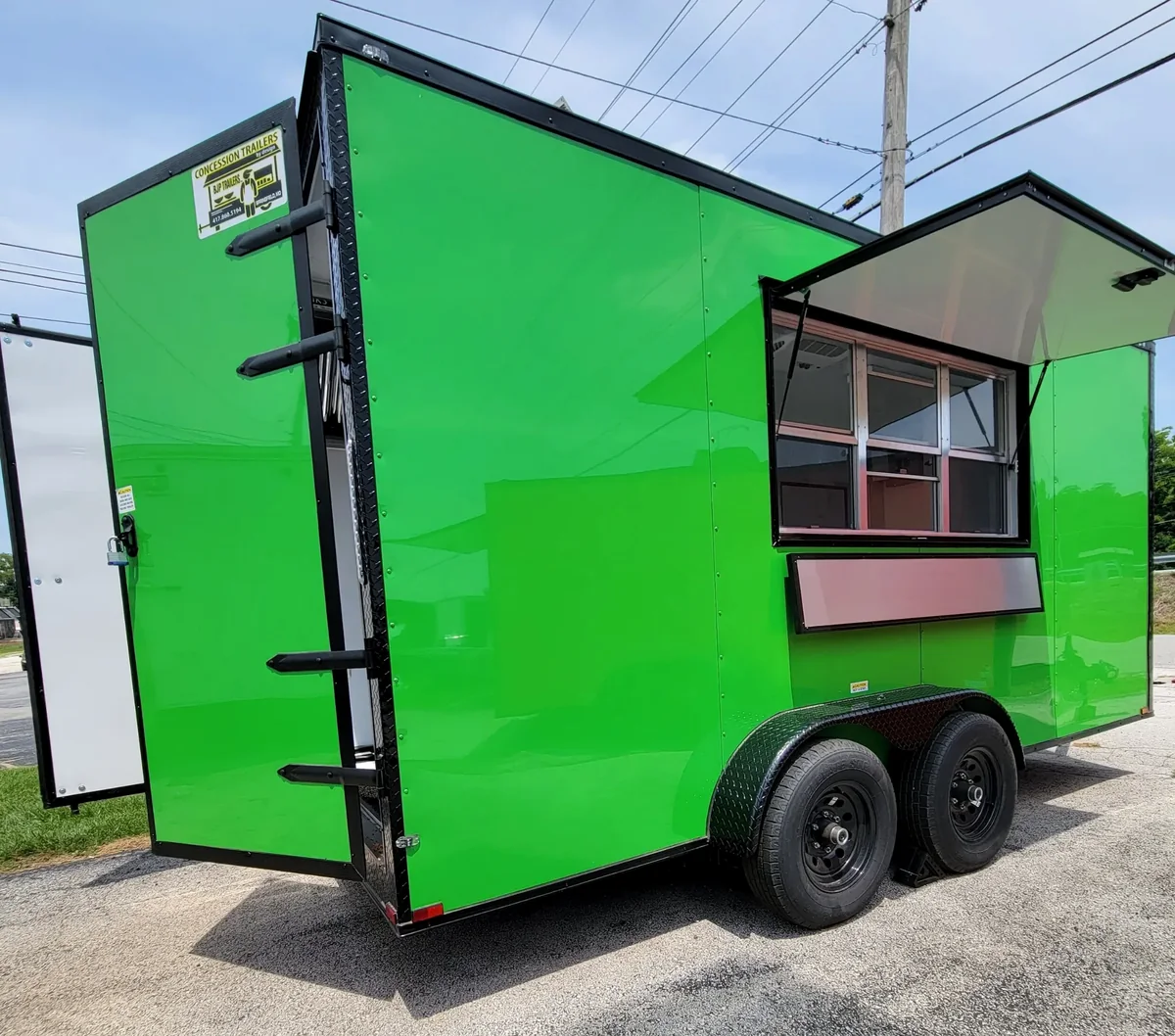 Bright green custom BJP concession trailer with service window